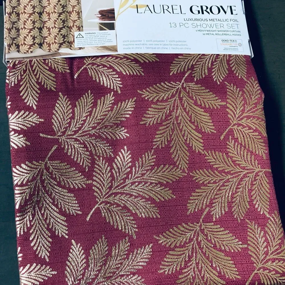Metallic Gold Burgundy Red Holiday Shower Curtain Set